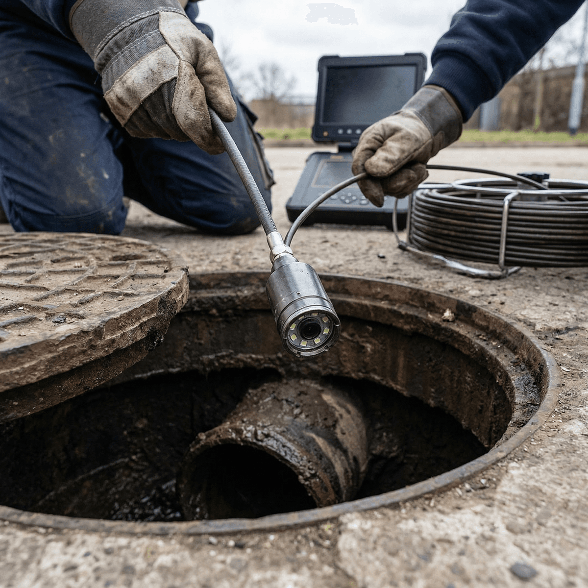 Close-up of a high-definition drain survey camera entering a pipe