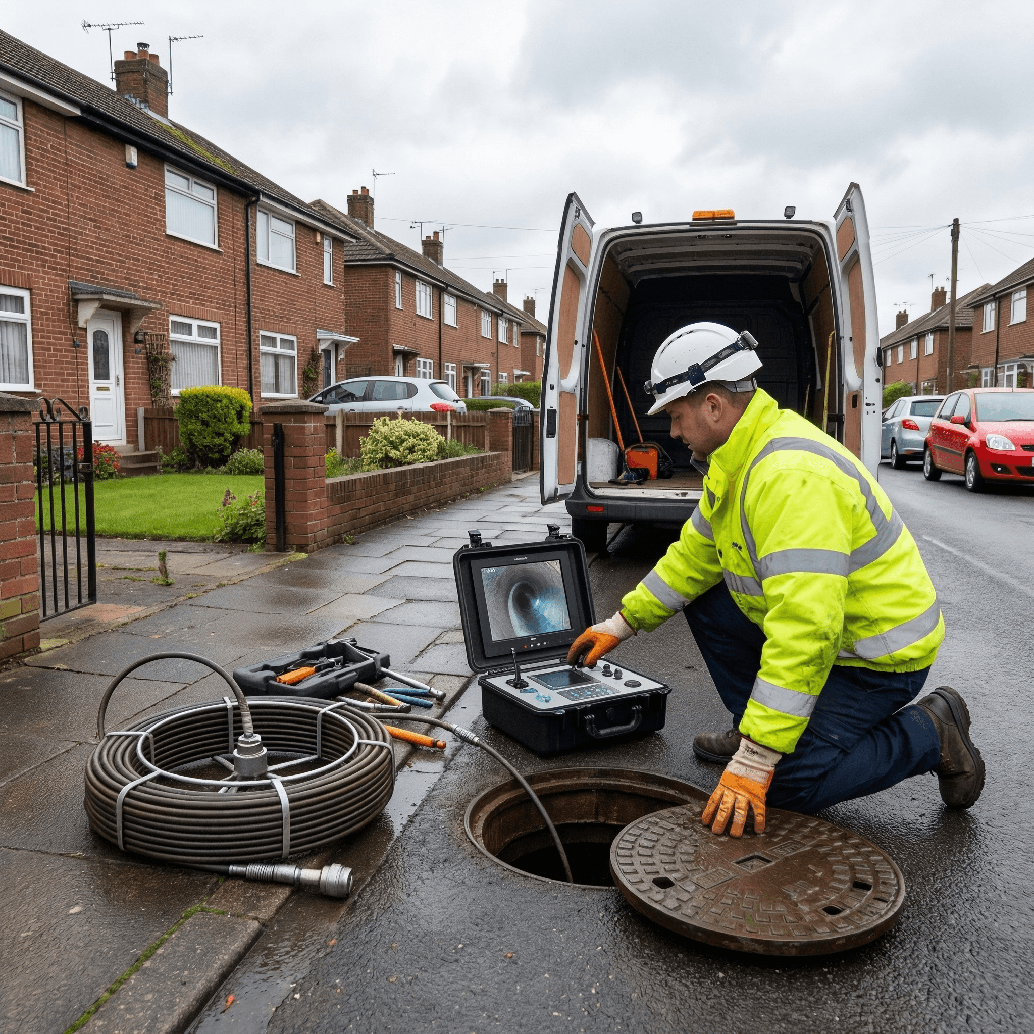 Professional CCTV drain survey engineer in Leeds with van and equipment