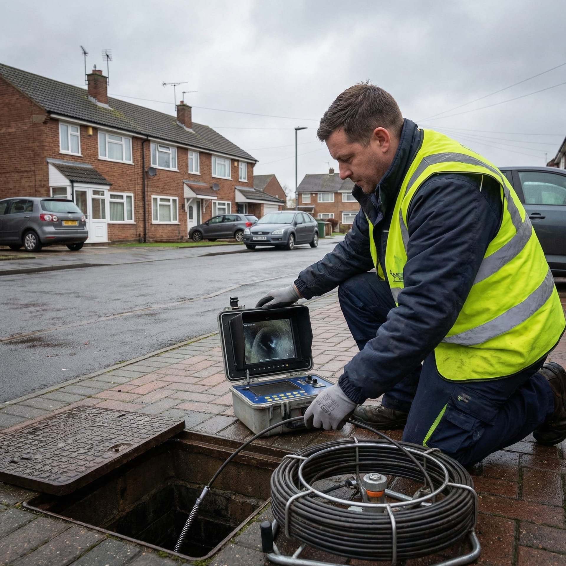 Professional drainage engineer using HD camera equipment